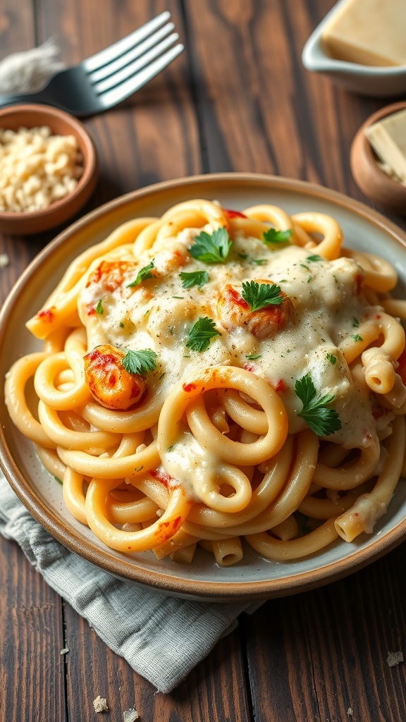Baked Alfredo pasta with creamy sauce and melted cheese, garnished with parsley on a rustic table.